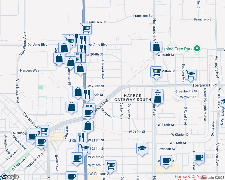 map of restaurants, bars, coffee shops, grocery stores, and more near 1527 Torrance Boulevard in Torrance