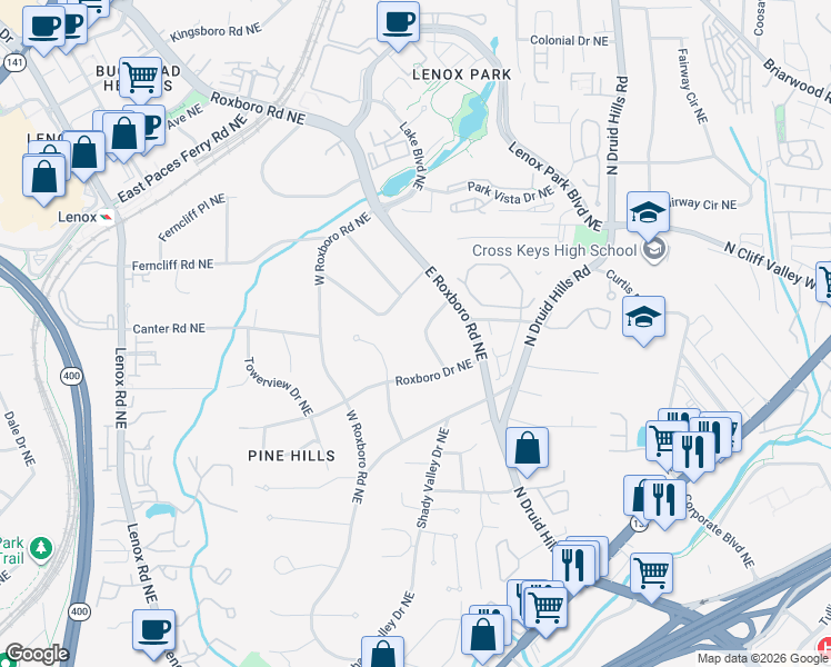 map of restaurants, bars, coffee shops, grocery stores, and more near 1990 Tall Tree Drive Northeast in Atlanta