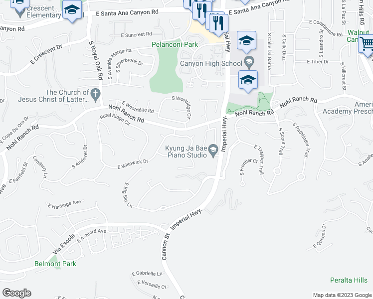 map of restaurants, bars, coffee shops, grocery stores, and more near 5439 East Willowick Circle in Anaheim