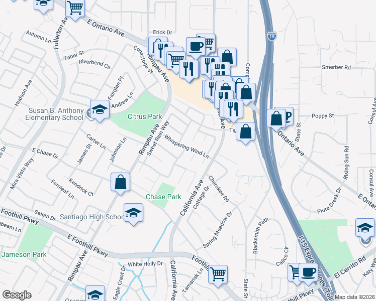 map of restaurants, bars, coffee shops, grocery stores, and more near 2553 Star Crest Lane in Corona