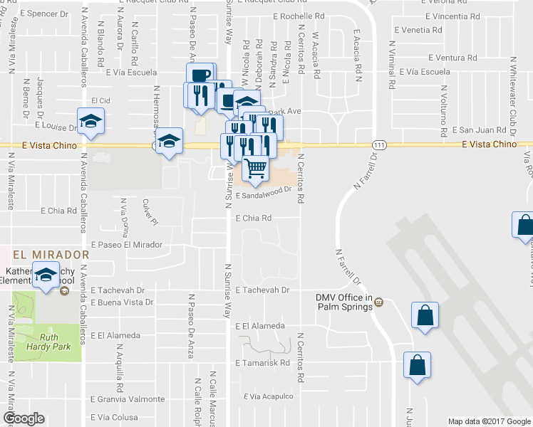 map of restaurants, bars, coffee shops, grocery stores, and more near 1904 East Chia Road in Palm Springs