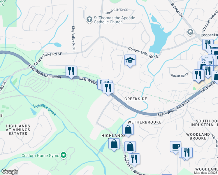 map of restaurants, bars, coffee shops, grocery stores, and more near 1202 Comet View Tr Southeast in Smyrna