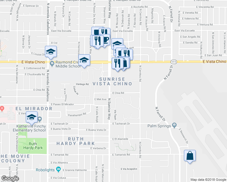 map of restaurants, bars, coffee shops, grocery stores, and more near 1712 East Chia Road in Palm Springs