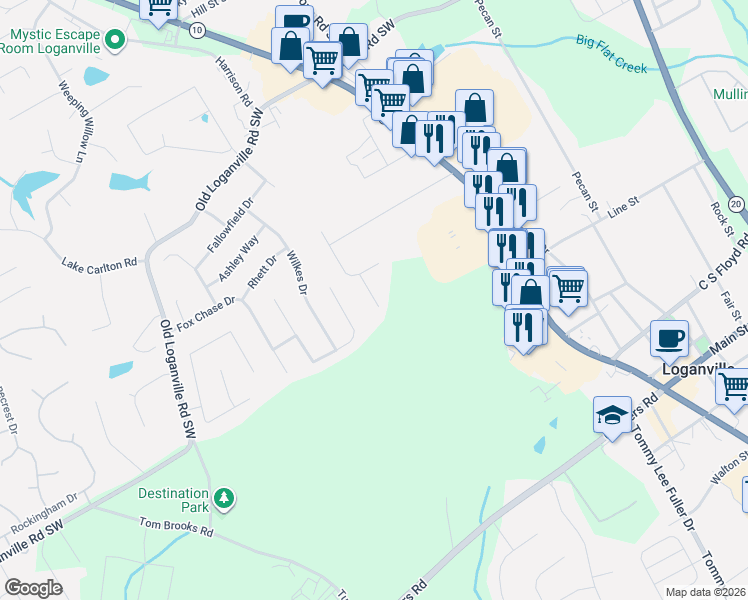 map of restaurants, bars, coffee shops, grocery stores, and more near 4160 Alexis Court in Loganville