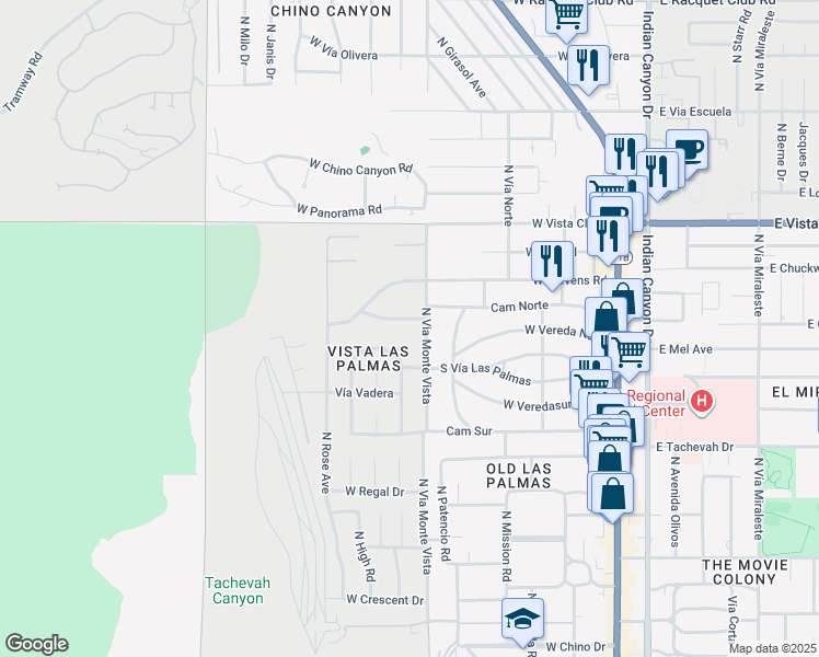 map of restaurants, bars, coffee shops, grocery stores, and more near 665 Camino Norte in Palm Springs