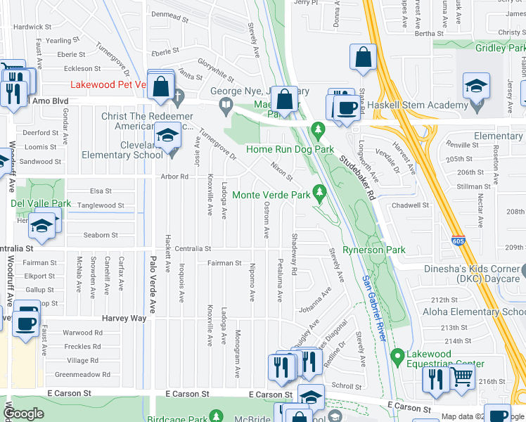 map of restaurants, bars, coffee shops, grocery stores, and more near 4613 Ostrom Avenue in Lakewood