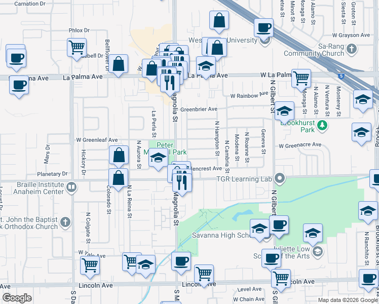 map of restaurants, bars, coffee shops, grocery stores, and more near 2564 West Greenacre Avenue in Anaheim