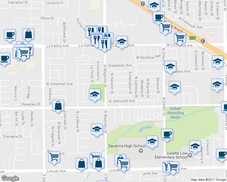 map of restaurants, bars, coffee shops, grocery stores, and more near 2564 West Greenacre Avenue in Anaheim