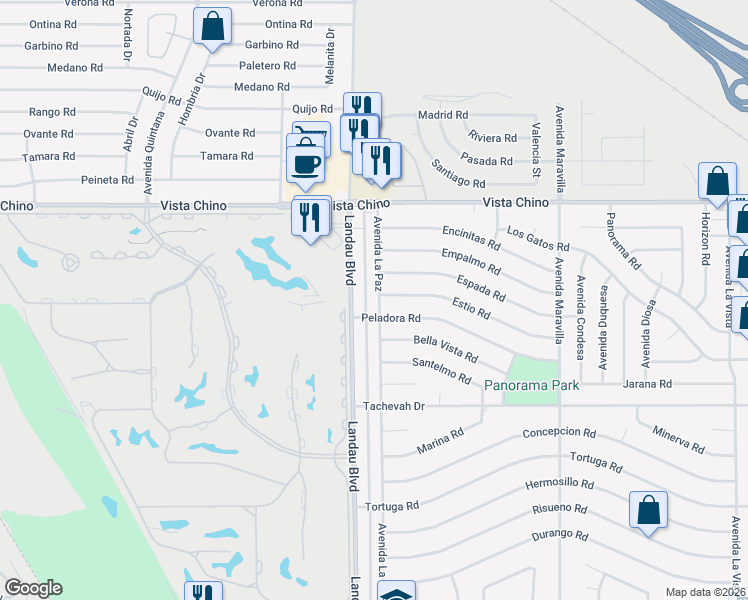 map of restaurants, bars, coffee shops, grocery stores, and more near 28421 Avenida La Paz in Cathedral City