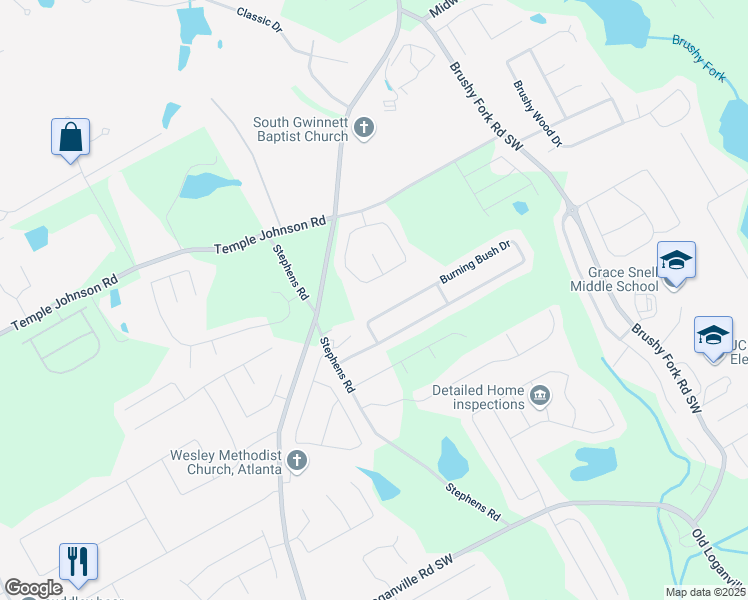 map of restaurants, bars, coffee shops, grocery stores, and more near 3600 Stephens Road in Loganville
