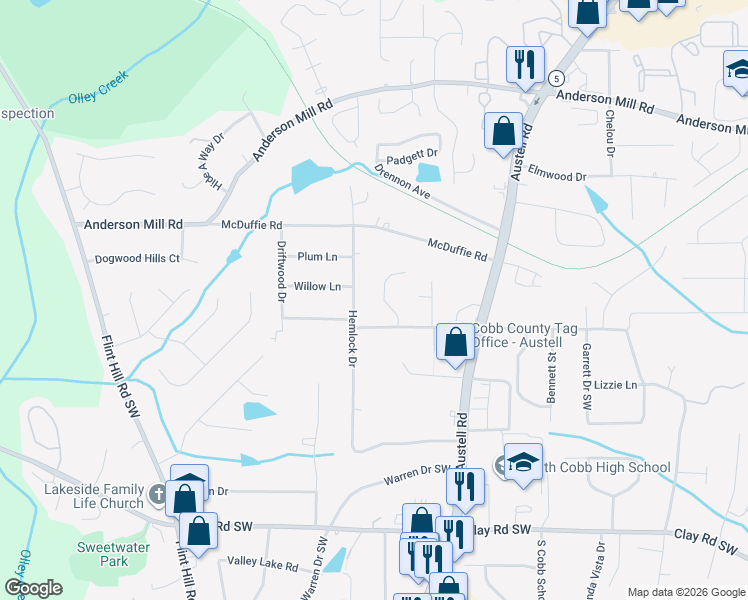 map of restaurants, bars, coffee shops, grocery stores, and more near 4587 Danna Drive in Austell