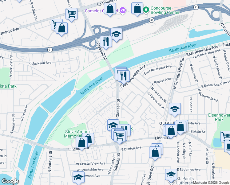 map of restaurants, bars, coffee shops, grocery stores, and more near 3115 Sunrise Court in Orange