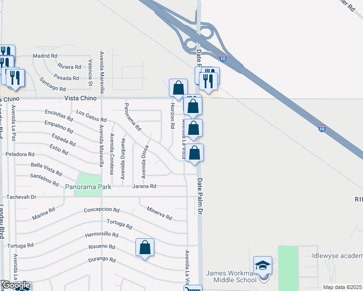 map of restaurants, bars, coffee shops, grocery stores, and more near 28401 Avenida La Vista in Cathedral City