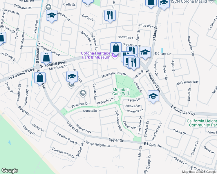 map of restaurants, bars, coffee shops, grocery stores, and more near 620 Huntley Drive in Corona