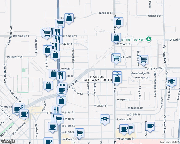 map of restaurants, bars, coffee shops, grocery stores, and more near 20812 Denker Avenue in Torrance