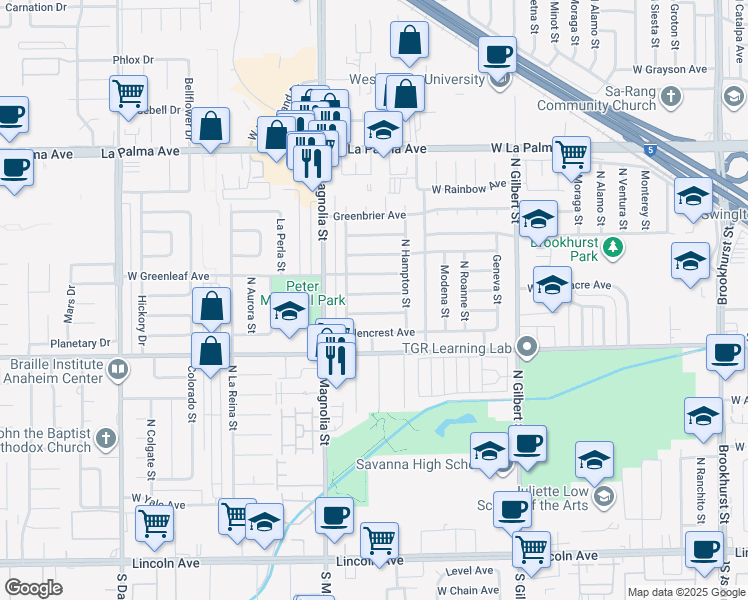 map of restaurants, bars, coffee shops, grocery stores, and more near 2544 West Greenacre Avenue in Anaheim
