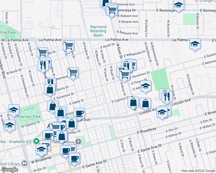 map of restaurants, bars, coffee shops, grocery stores, and more near 427 North Vine Street in Anaheim