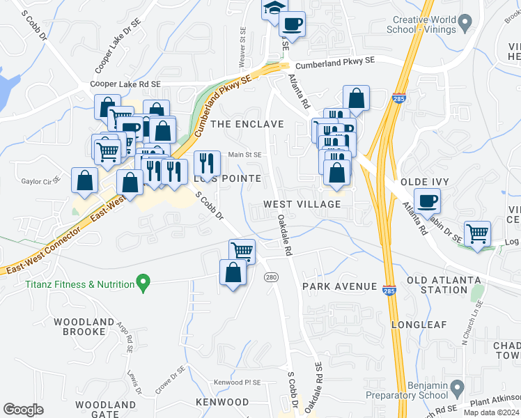 map of restaurants, bars, coffee shops, grocery stores, and more near 4656 West Village Drive in Smyrna
