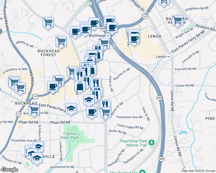 map of restaurants, bars, coffee shops, grocery stores, and more near 79 Park Circle Northeast in Atlanta