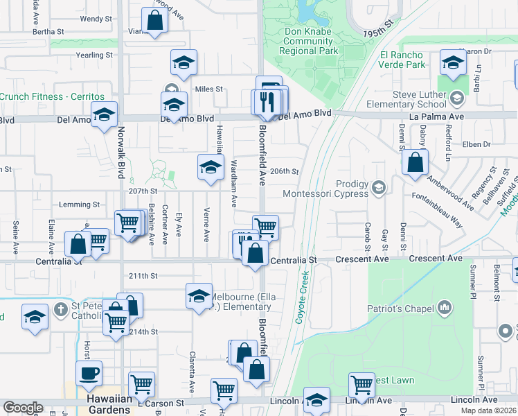 map of restaurants, bars, coffee shops, grocery stores, and more near 20755 Bloomfield Avenue in Lakewood