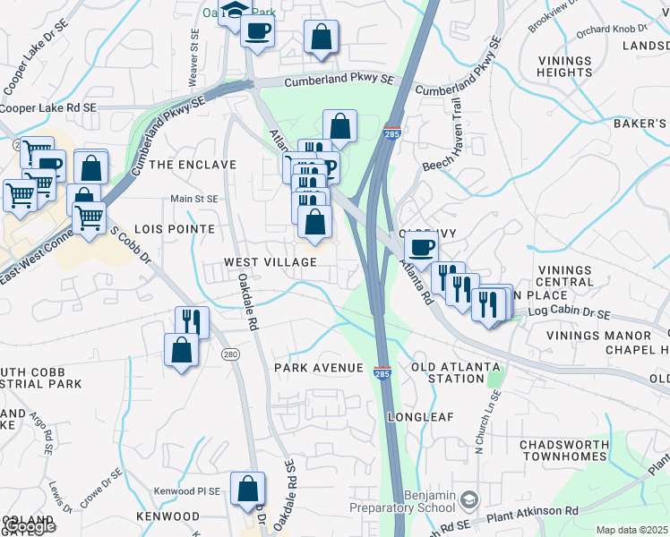 map of restaurants, bars, coffee shops, grocery stores, and more near 4710 Hill Street in Smyrna