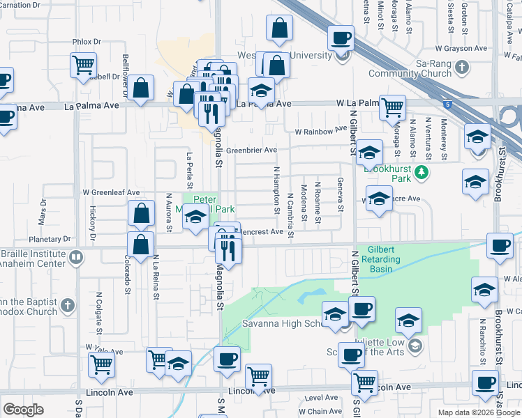 map of restaurants, bars, coffee shops, grocery stores, and more near 2536 West Greenacre Avenue in Anaheim