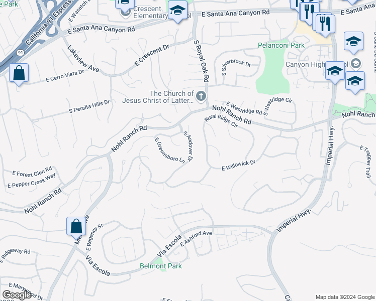 map of restaurants, bars, coffee shops, grocery stores, and more near 565 South Andover Drive in Anaheim