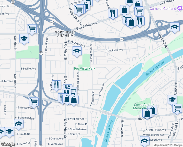 map of restaurants, bars, coffee shops, grocery stores, and more near 105 South Kingsley Street in Anaheim