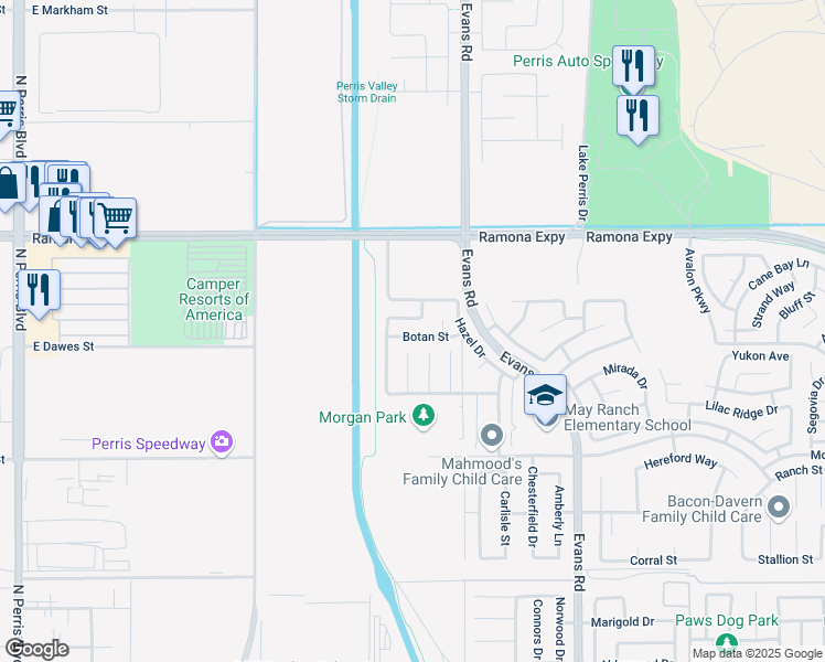 map of restaurants, bars, coffee shops, grocery stores, and more near 564 Botan Street in Perris