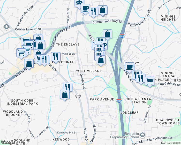 map of restaurants, bars, coffee shops, grocery stores, and more near 2172 West Village Lane in Smyrna