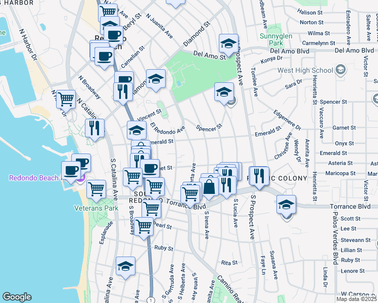 map of restaurants, bars, coffee shops, grocery stores, and more near 113 South Helberta Avenue in Redondo Beach