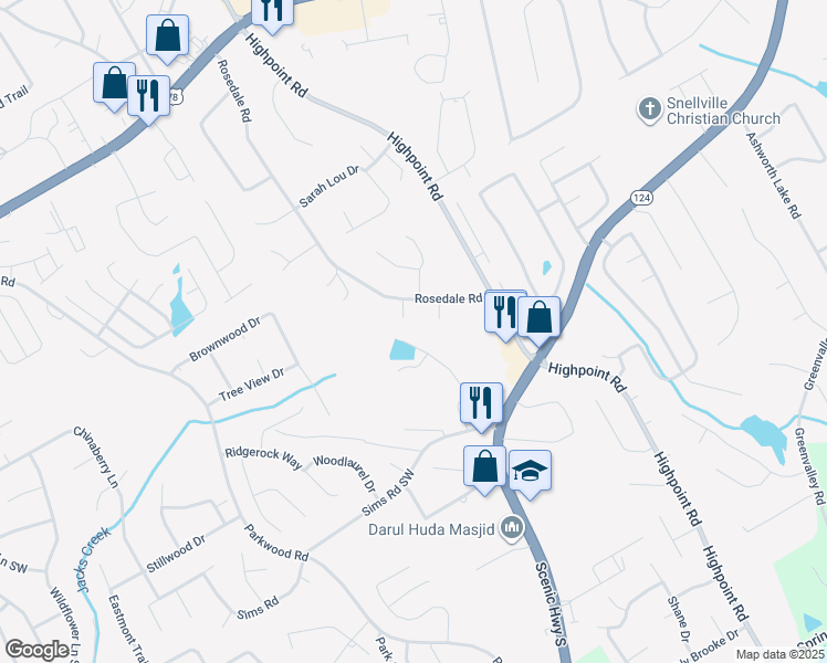 map of restaurants, bars, coffee shops, grocery stores, and more near 2580 Creek Circle in Snellville