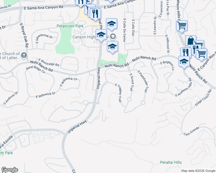 map of restaurants, bars, coffee shops, grocery stores, and more near 5810 East Trapper Trail in Anaheim