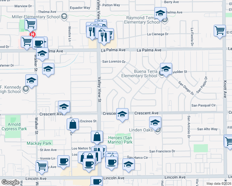 map of restaurants, bars, coffee shops, grocery stores, and more near 8396 San Clemente Way in Buena Park