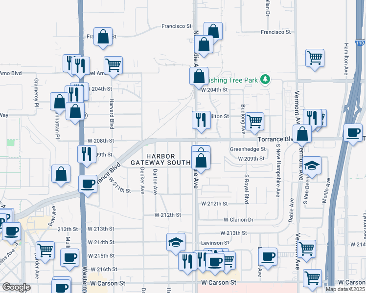 map of restaurants, bars, coffee shops, grocery stores, and more near 20812 Brighton Avenue in Torrance