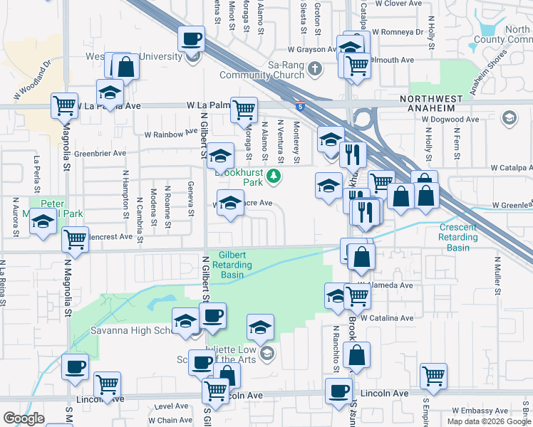 map of restaurants, bars, coffee shops, grocery stores, and more near 2321 West Gramercy Avenue in Anaheim