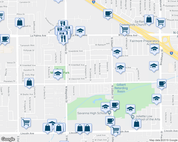 map of restaurants, bars, coffee shops, grocery stores, and more near 727 North Cambria Street in Anaheim