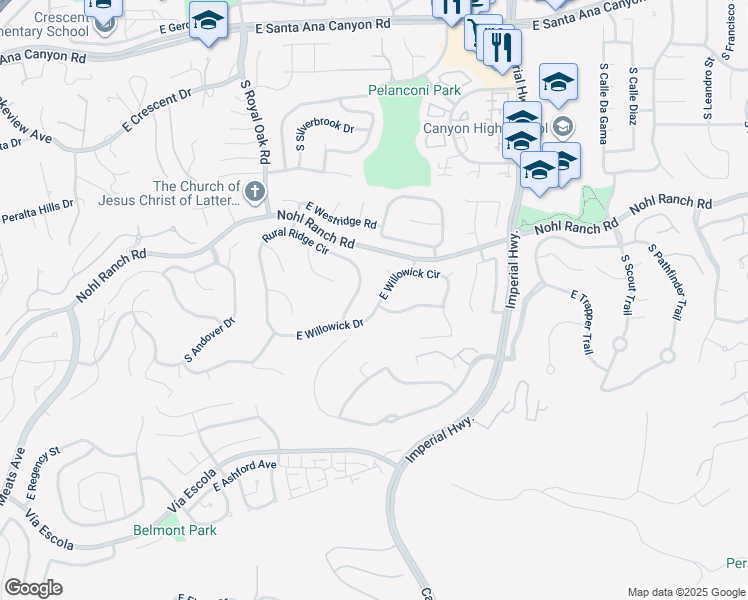 map of restaurants, bars, coffee shops, grocery stores, and more near 5409 East Willowick Circle in Anaheim