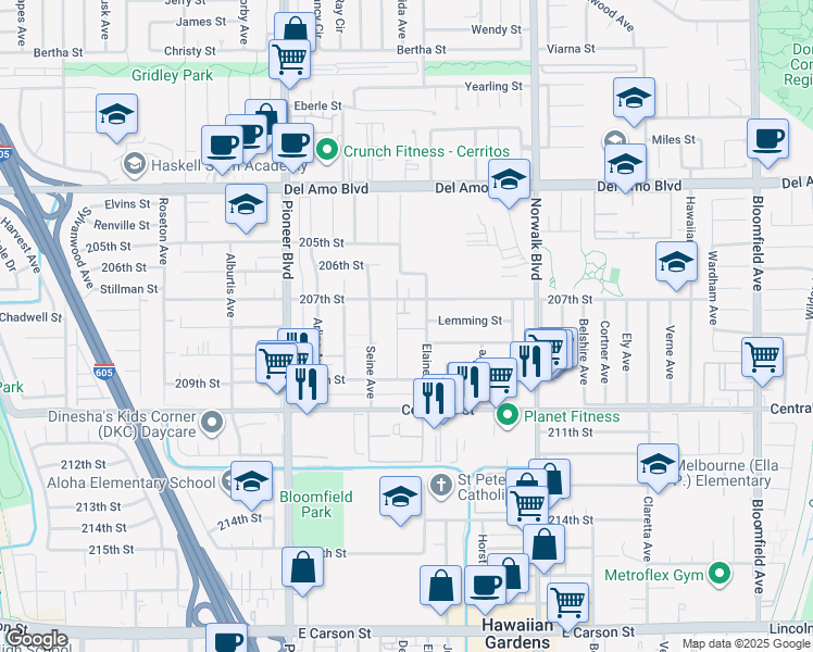 map of restaurants, bars, coffee shops, grocery stores, and more near 20723 Elaine Avenue in Lakewood