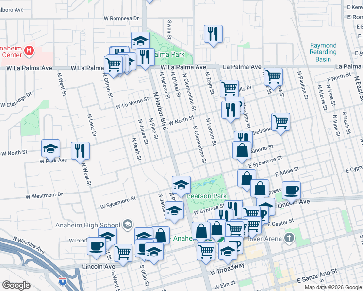 map of restaurants, bars, coffee shops, grocery stores, and more near 711 North Helena Street in Anaheim