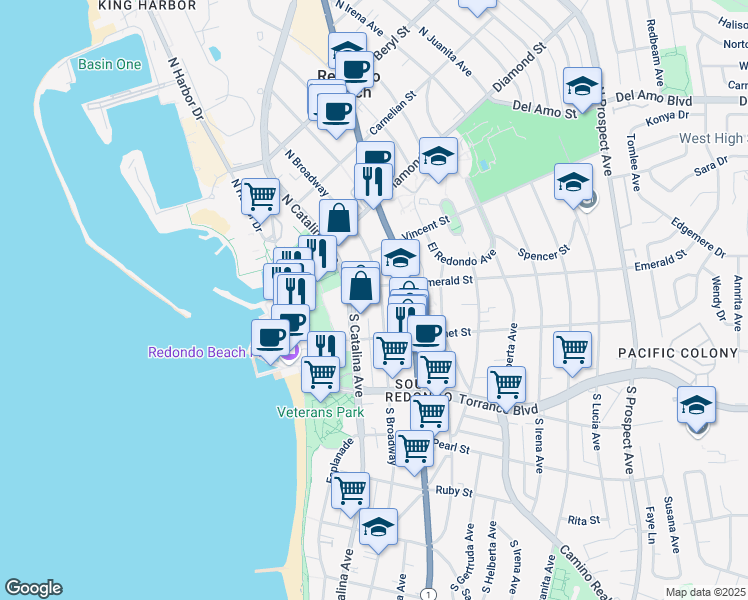 map of restaurants, bars, coffee shops, grocery stores, and more near 111 South Broadway in Redondo Beach