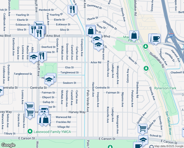 map of restaurants, bars, coffee shops, grocery stores, and more near 4603 Hackett Ave in Lakewood
