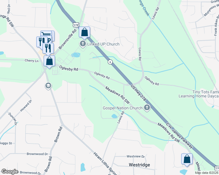 map of restaurants, bars, coffee shops, grocery stores, and more near 4567 Meadows Road Southwest in Powder Springs