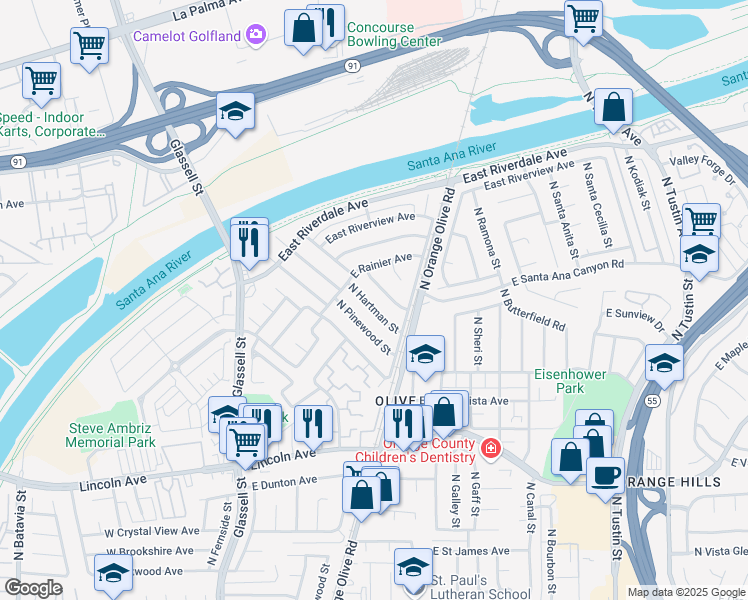 map of restaurants, bars, coffee shops, grocery stores, and more near 3118 North Hearthside Street in Orange