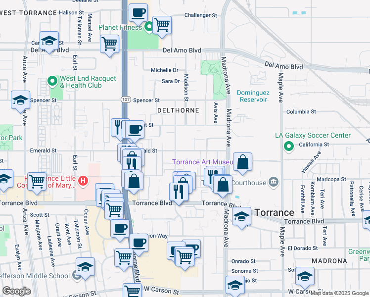 map of restaurants, bars, coffee shops, grocery stores, and more near 3535 Emerald Street in Torrance