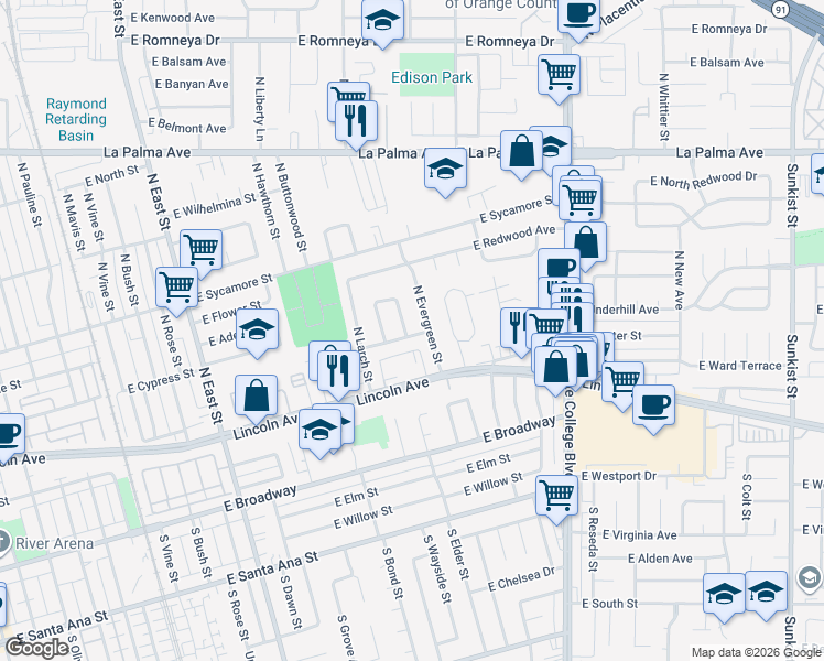 map of restaurants, bars, coffee shops, grocery stores, and more near 298 North Spruce Drive in Anaheim