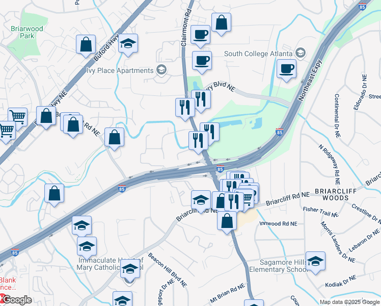 map of restaurants, bars, coffee shops, grocery stores, and more near 2900 Clairmont Road in Atlanta