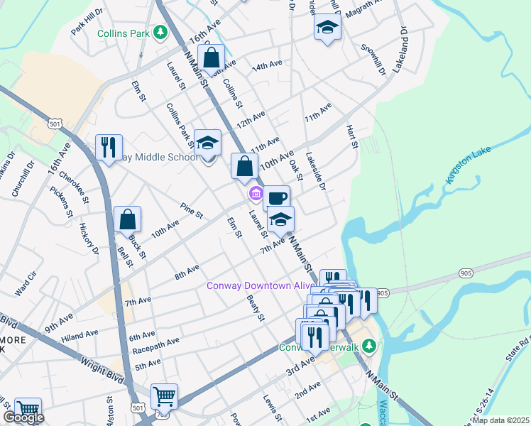 map of restaurants, bars, coffee shops, grocery stores, and more near 801 North Main Street in Conway