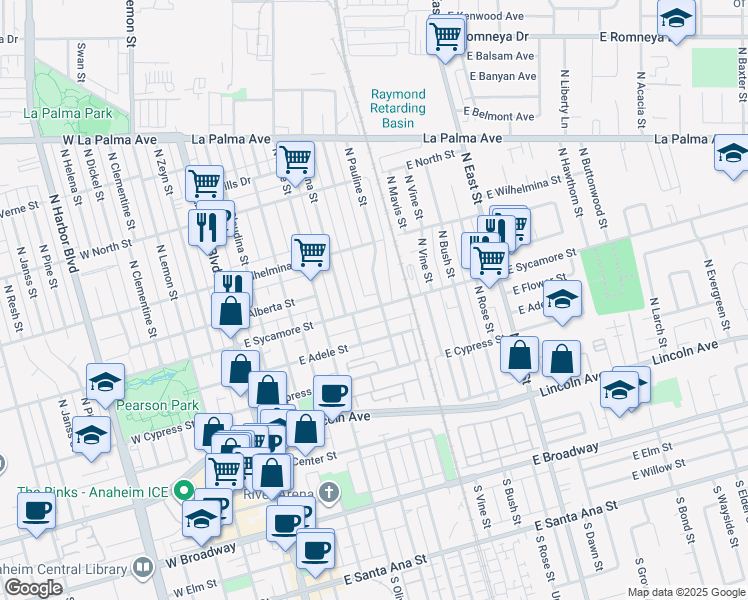 map of restaurants, bars, coffee shops, grocery stores, and more near 605 East Sycamore Street in Anaheim