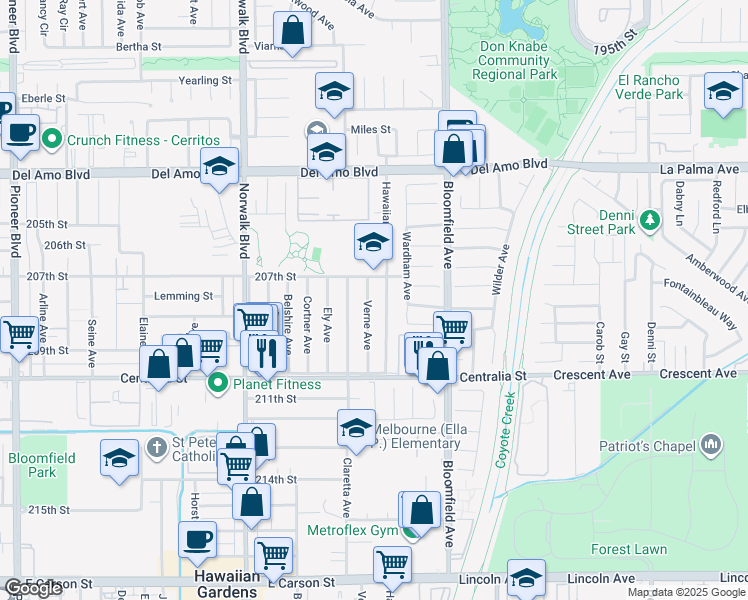 map of restaurants, bars, coffee shops, grocery stores, and more near 20726 Verne Ave in Lakewood